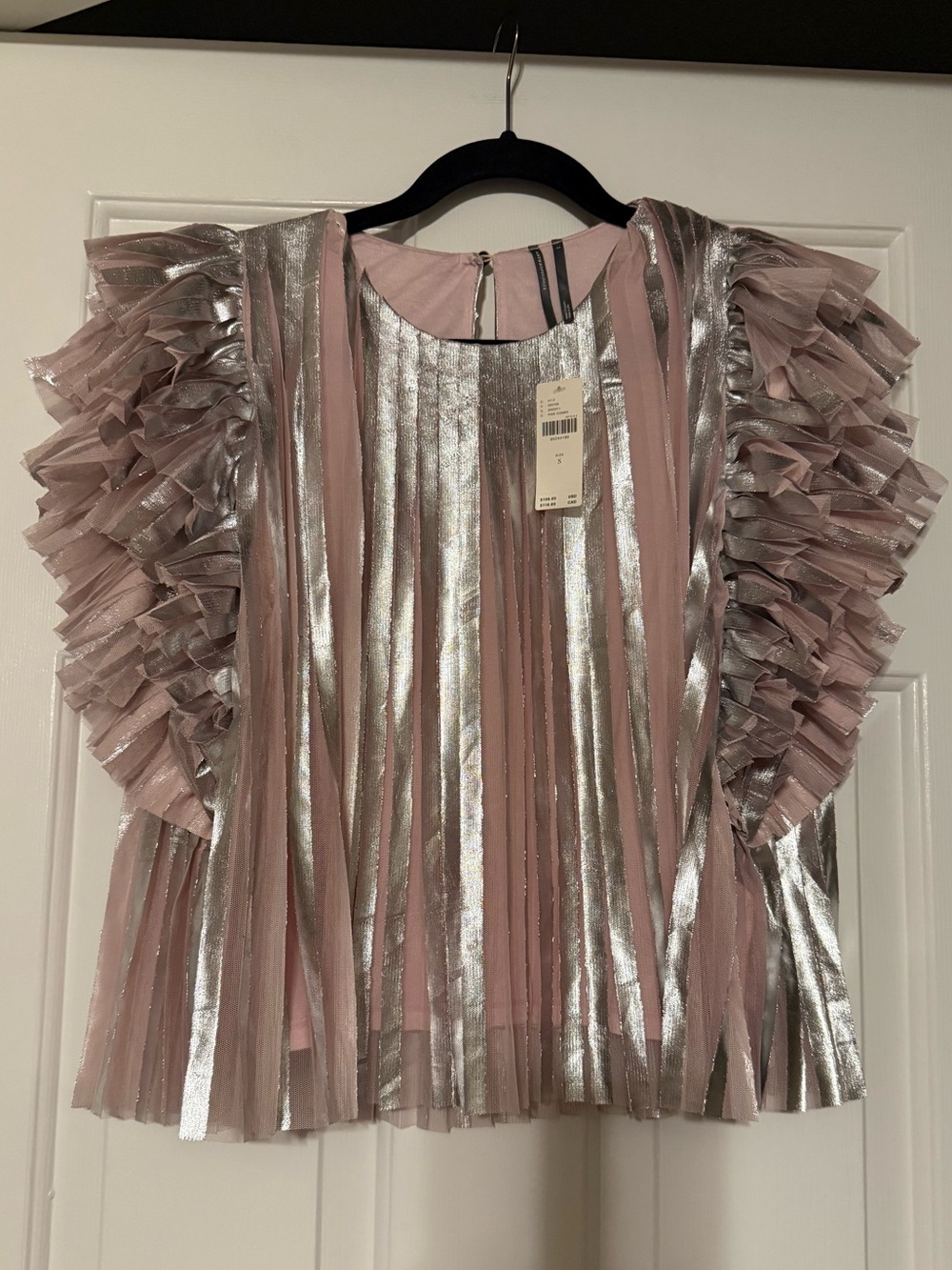 Anthropologie Metallic Pleated Ruffle Blouse Pink Silver S NWT